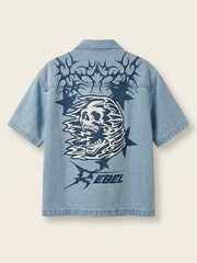 Rebel Vengeance Motorsports Graphic Skull Denim Light Short Sleeve Patch Shirt