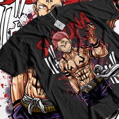 Anime Jujutsu Kaisen Sukuna Itadori Yuji Graphic Black T-Shirt All Size