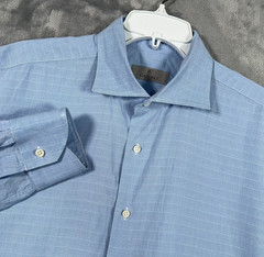 Canali Blue Dress Shirt Mens 17 43 Button Up Check Long Sleeve Silver Label