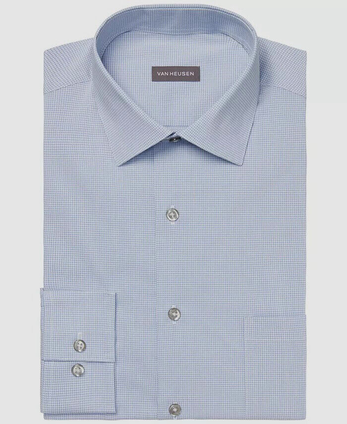 VAN HEUSEN Blue Silver Micro Check Regular Fit Dress Shirt 15 15-1/2 32/33