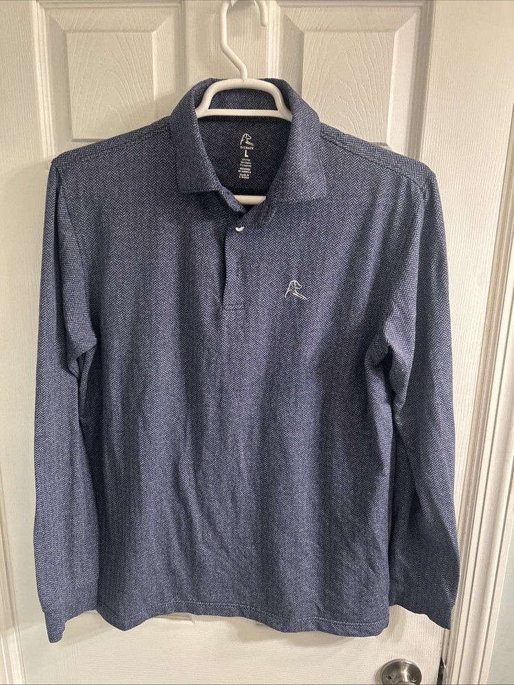 Rhoback Men’s Long Sleeve Performance Polo Navy Blue Herringbone EUC