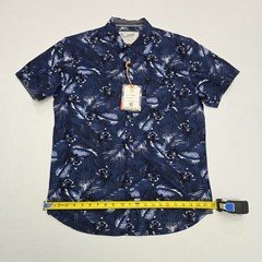 MBX Denim Wear Mens Large Navy Blue Tropical Floral Palm Button Down SlimFit NWT