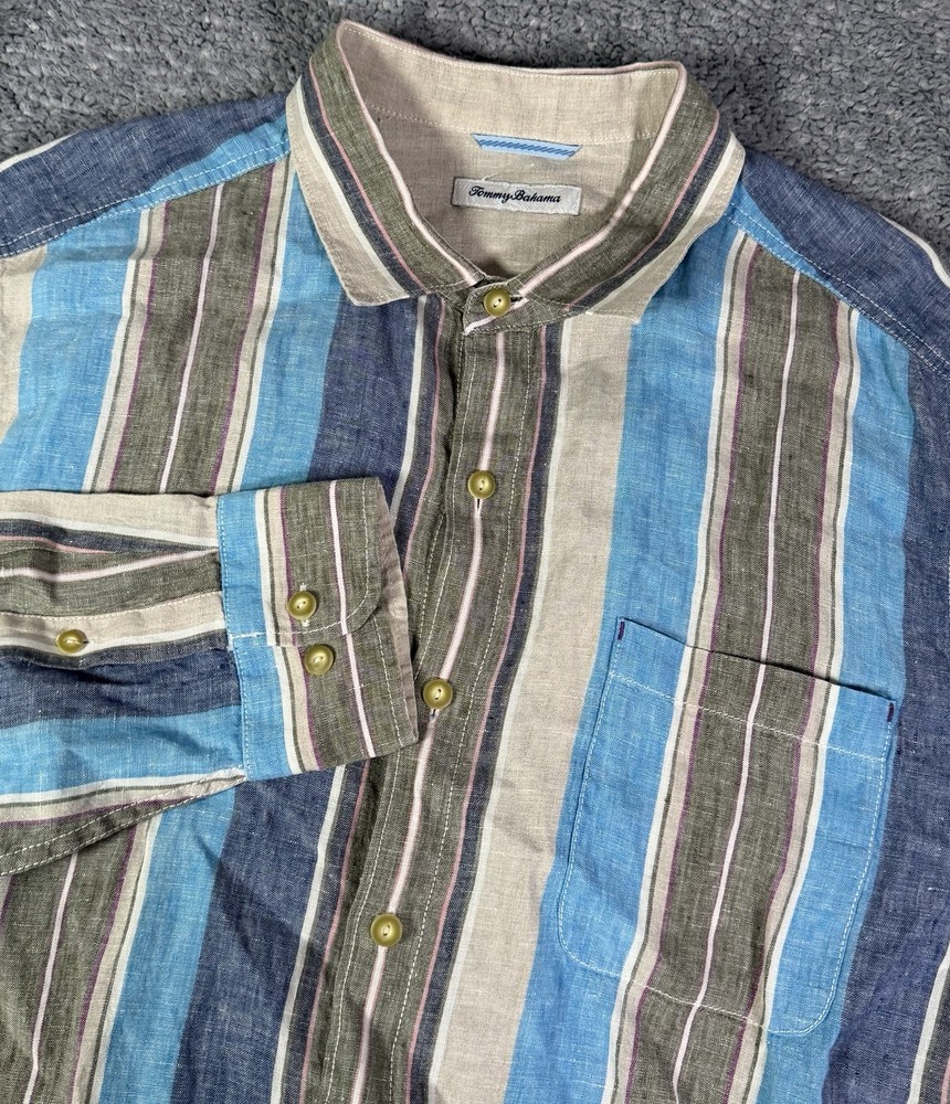 Tommy Bahama Button Down 100% Linen Striped Coastal Beach Nautical Men’s XL