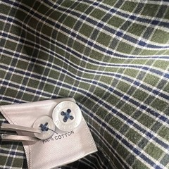 ROWM Men Large Long Sleeve Button Down Shirt Olive Green Navy Check Plaid Cotton
