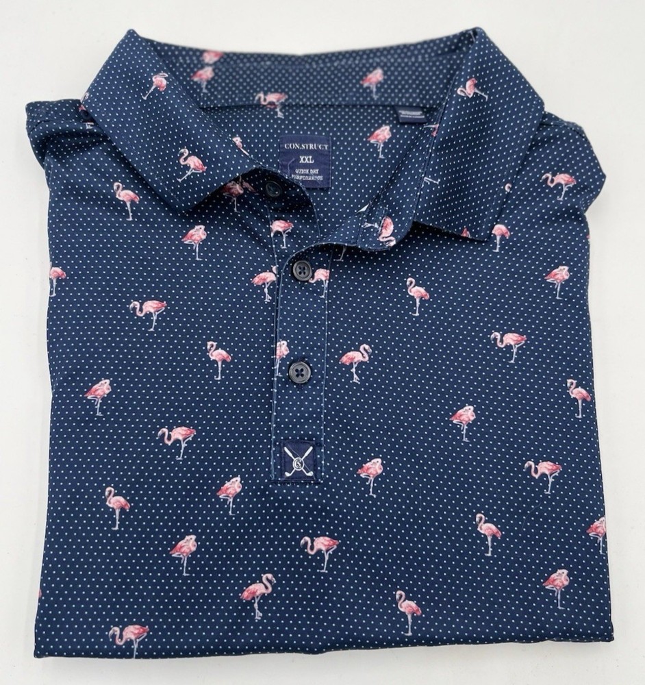 Construct Quick Dry Performance Golf Polo Men 2XL Blue Dotted Flamingos XXL