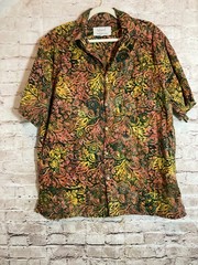 Island By Basic Options Hawaiian Shirt Mens Large Olive & Rust Tropical Floral