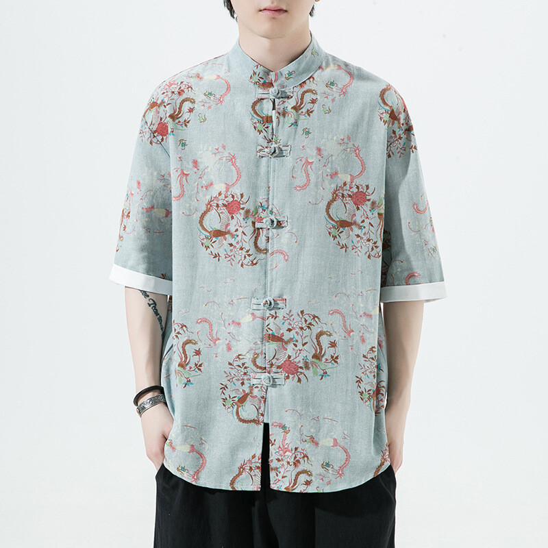 Chinese Men Top Shirt Frog Button Tang Suit Dragon Printed Tai Chi Retro Summer
