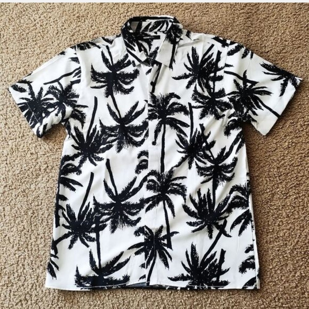 Nova Men Vacation Palm Leaf Button Down Shirt Short Sleeve Black White Size L