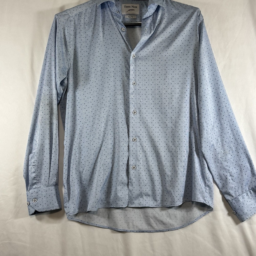 Tom Nox Trim Fit Button Up Long Sleeve Shirt Tiny Star in Blue and White-M 39/40