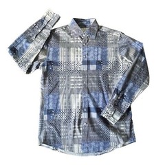 Thomas Pink Slim Fit Dress Shirt Abstract Geometric Blue & Gray Size 15 1/2 Men