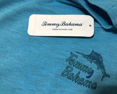 NWT TOMMY BAHAMA “S” MENS TURQUOISE HAZE HEATHER YOU SAY TOMATO ” TEE $ 49.50
