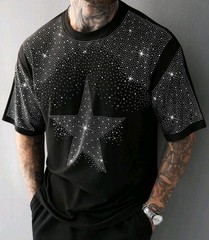New Men Luxury Diamond Star Rhinestones Fashion Black T-Shirt High Quality