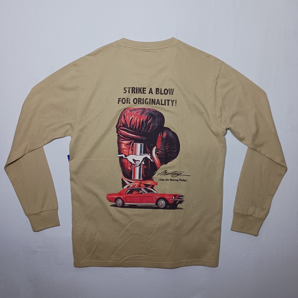 Ford Mustang Long Sleeve T-Shirt Large Beige Double Sided Crew NWT