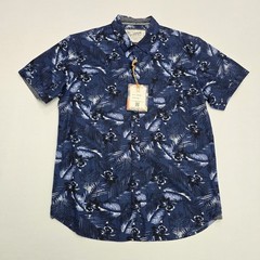 MBX Denim Wear Mens Large Navy Blue Tropical Floral Palm Button Down SlimFit NWT