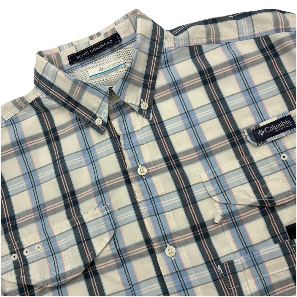 Columbia PFG Super Bonehead Button Down Fishing Shirt Mens Medium Blue Plaid